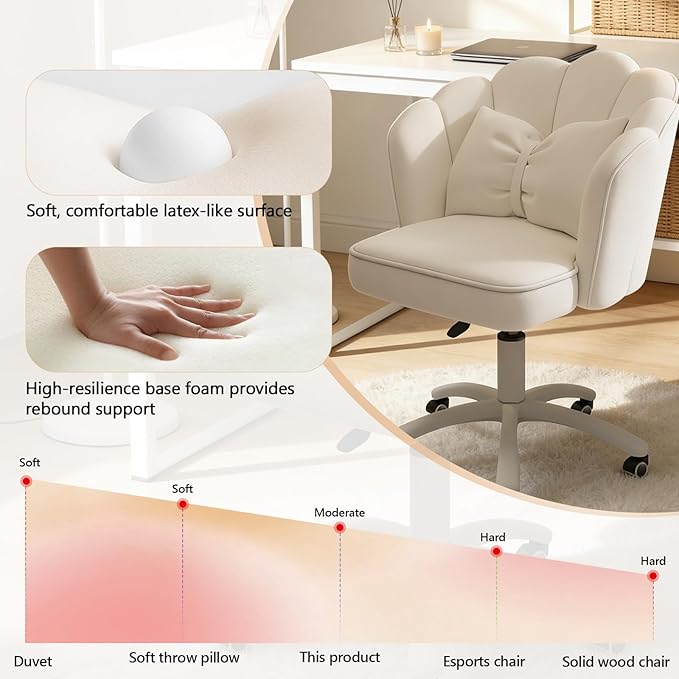 Home Office Desk Chair Swivel Rolling Vanity Chair with Silent Wheels and Comfortable Back, Adjustable Height Upholstered Computer Task Chair for Makeup, Bedroom