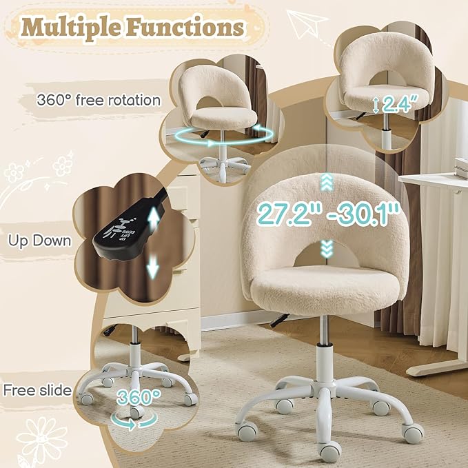 VINGLI Small Vanity Chair with Faux Fur Wheels for Girls,Cute Adjustable Height Armless Office Desk Chair,360°Swivel Comfy Rolling for Study,Make up Room,Small Space,Khaki