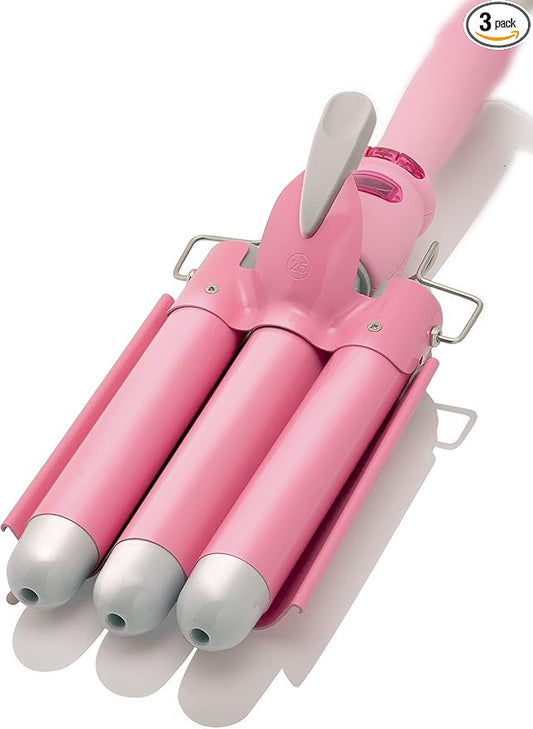 Alure Three Barrel Curling Iron Wand with LCD Temperature Display - 1 Inch Ceramic Tourmaline Triple Barrels, Dual Voltage Crimping Tool, Best Hair Waver for Beachy/Frizz Free Waves (White/Pink)