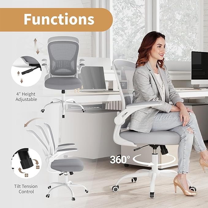Youhauchair Mesh Office Chair, Ergonomic Home Office Desk Chairs with Flip-up Arms and Lumbar Support, Height Adjustable, Grey