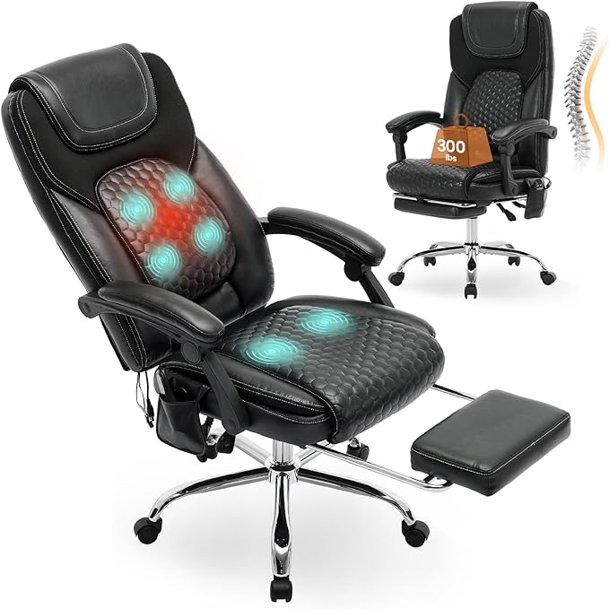 Massage Office Chair with 3-Level Heat and Footrest – 20-Min Easy Assembly, 300 lbs Big and Tall Reclining Desk Chair, PU Leather Ergonomic Executive Computer Chair with Side Pocket, Black