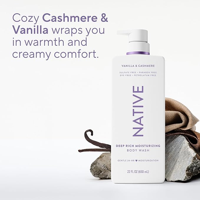 Native Moisturizing Body Wash, Vanilla & Cashmere, 24-Hour Hydration for Dry & Sensitive Skin, Made with Real Shea Butter, Sulfate & Paraben Free, 22 oz