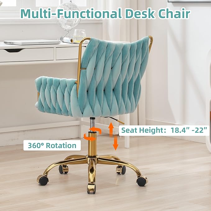 ABET Velvet Desk Chair with Wheels, Cute Upholstered Swivel Office Chair, Modern Gold Rolling Hand Woven Height Adjustable Armchair for Women Girls Home Makeup, Vanity, Nail Salon, Light Blue
