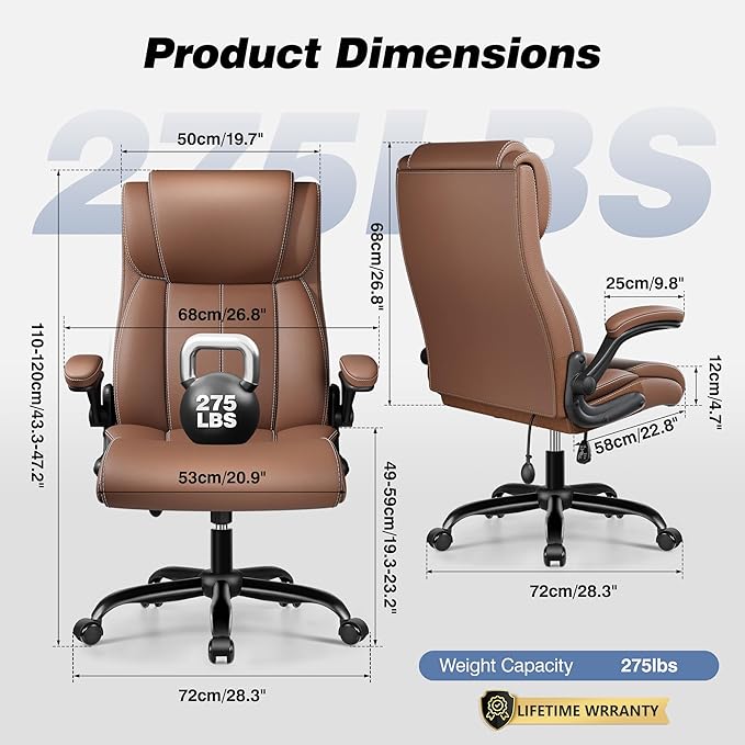 Ergonomic Office Chair - Home Desk Computer Chair, Leather High Back Executive Chairs with Adjustable Lumbar Support & Flip-up Arms, Rocking Swivel Comfy, Brown 4 Pack