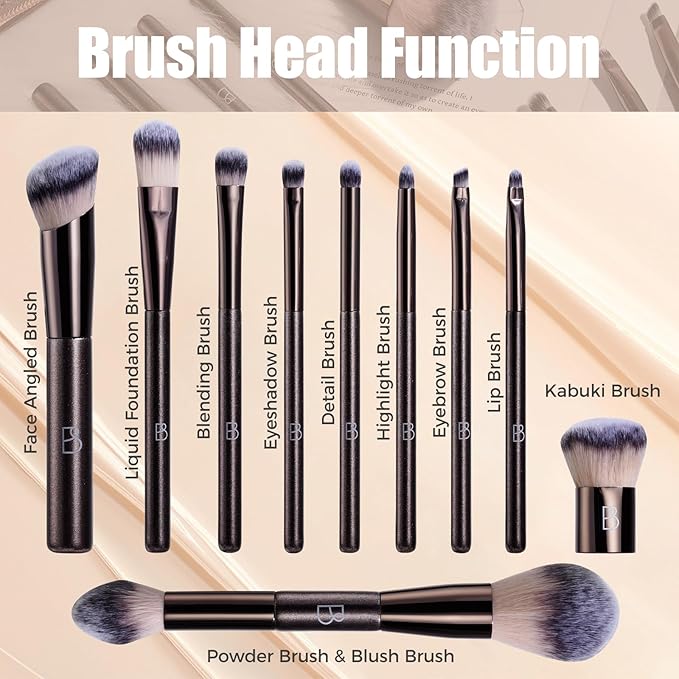 BS-MALL 10 Pcs Professional Makeup Brushes Set with Soft Eyeshadow Brush, Foundation Brush for Liquid Makeup, Double-ended Brushes Travel Bag & Triangle Puff - Travel-friendly Multi-purpose Kit