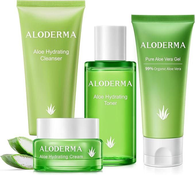 Aloderma Essential Aloe Hydrating Skin Care Set - 5 Pieces - Gel, Cleanser, Toner x2pcs, Cream