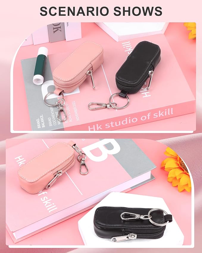 Lip Balm Holder Chapstick Holder Keychain Fashion Pu Leather Lipstick Pouch Lip Gloss Holder With Hook (Pink)