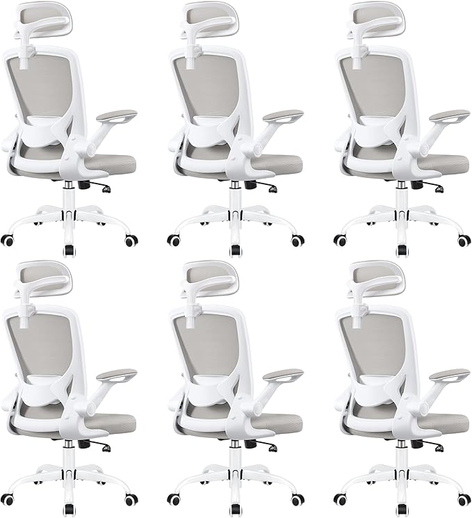 Office Desk Chair, Ergonomic Mesh Office Chair with Adjustable Lumbar Support, Headrest, Flip-up Armrests, Comfortable Computer Chairs for Home, Work, Gaming, (Light Gray, 6 Pack)