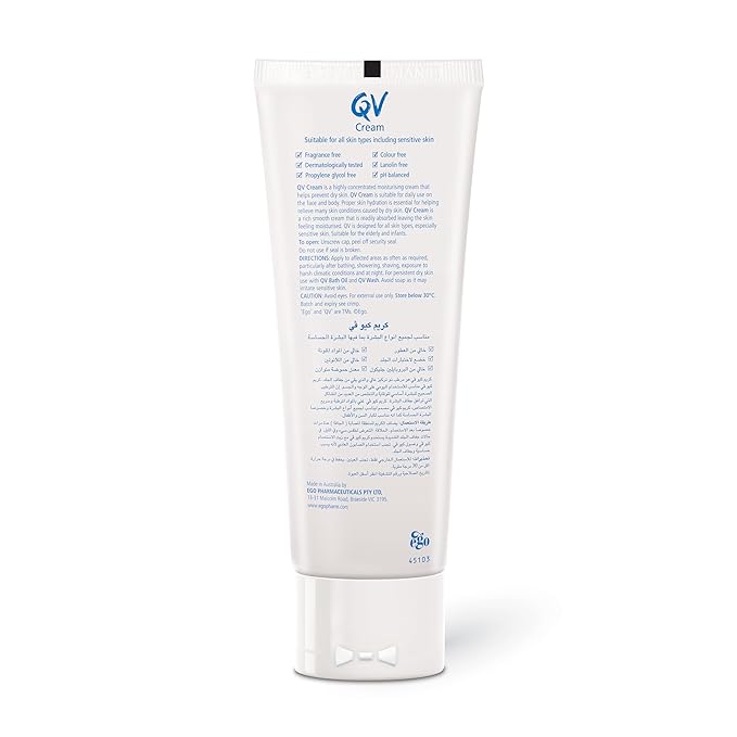 QV Cream with 10% Glycerin (100g) Rich Protective Moisturiser for Sensitive, Dry Skin, Fragrance Free, Noncomedogenic Body Cream, Hydrating Skin Care for Eczema, Psoriasis, Dermatitis, Tube