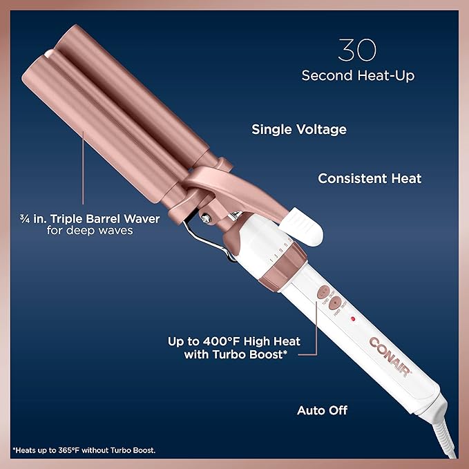Conair Double Ceramic 3 Barrel Curling Iron,Triple Barrel Waver Tool Creates Deep,Continuous Waves,Hair Curler for All-Hair Lengths,White/Rose Gold(Pack of 3)