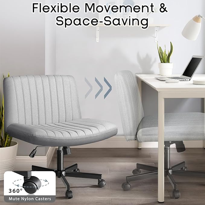 PUKAMI Criss Cross Chair,Comfy Cross Legged Office Desk Chair No Wheels,Modern Fabric Swivel Adjustable Height Mid Back Wide Seat for Home Office Computer (Grey with Wheels)