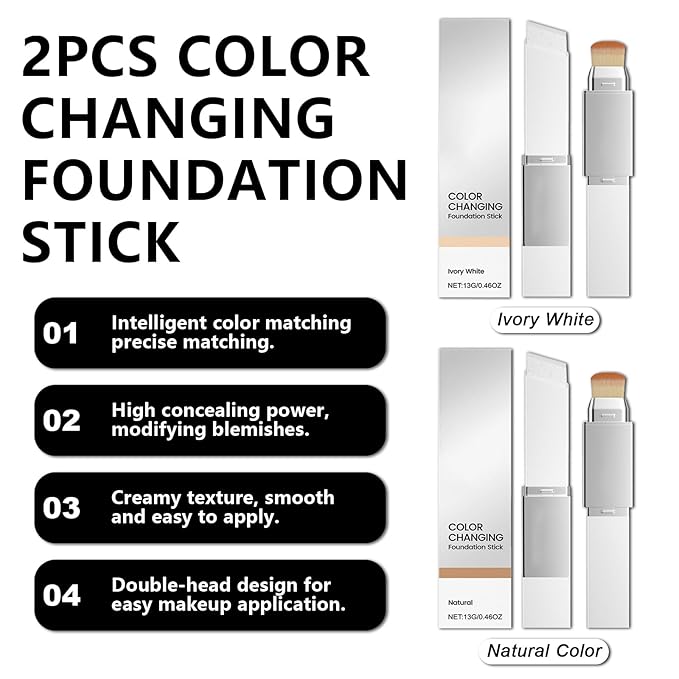 2pcs Blanc Cover Stick, Blanc Cover Cream Stick V White, Dual-Ended Full Coverage Color-Changing Korean Foundation V Sticks with Brush, Makeup Base for Flawless Look (Ivory White & Natural Color)