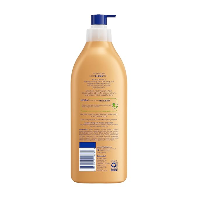 NIVEA Cocoa Butter Body Lotion for Dry Skin with Hyaluronic Acid, Cocoa Butter and Deep Nourishing Serum, 72-Hour Body Moisturizer, 16.9 Fl Oz Pump Bottle
