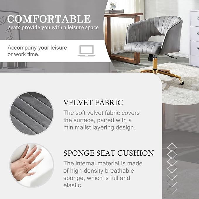 Vanity Chair with Back 360 Swivel Armchair and Gold Base, Criss Cross Chair with Wheels for Vanity Home Office, Living Room, Bedroom and Study (Grey)