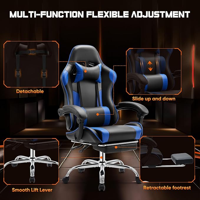 NEWBULIG Computer Gaming Desk Chair - High Back Ergonomic Lumbar Support with Footrest and Headrest, Comfy PU Leather Recliner with Linkage Armrest, Height Adjustable and 360° Swivel, Blue