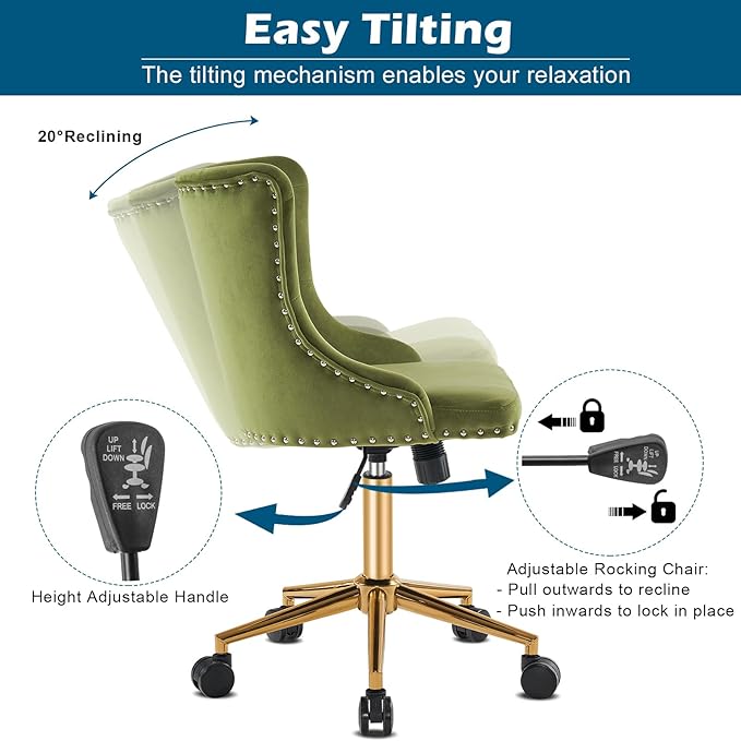 VINGLI Olive Green Velvet Armless Office Desk Chair with Gold Base/Wheels, Small Cute Vanity/Makeup Chair with Back for Bedroom, Upholstered Adjustable Rolling Swivel Nail Chair for Women/Girls