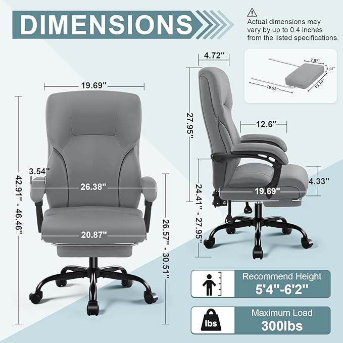 Executive Office Chair,High Back Ergonomic Comfy Desk Chair with Footrest and Padded Linkage Armrests,PU Leather Heavy Duty Computer Swivel Rolling Task Chair for Home Office,Adults,Gray