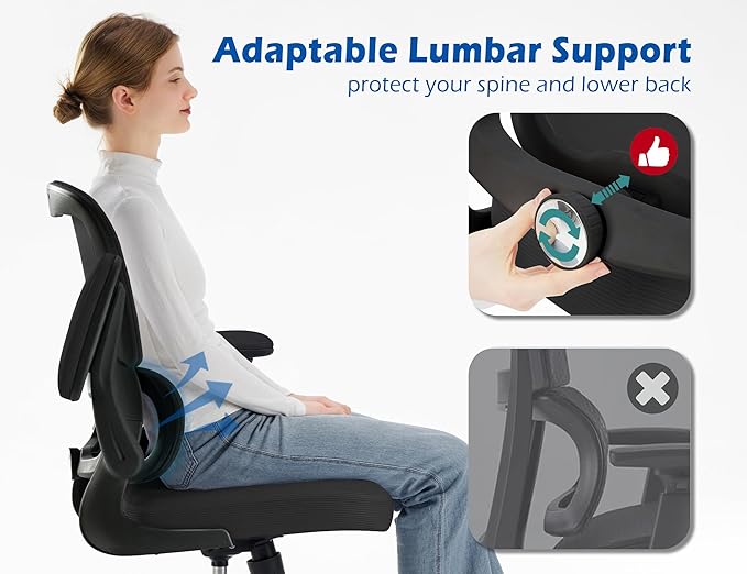 TRALT Ergonomic Office Chair - Desk Chair with Adjustable Lumbar Support Computer Chair - Mesh Comfy Chair with Flip-up Armrests - Gaming Chairs for Adults Home Office (Leather, Black)
