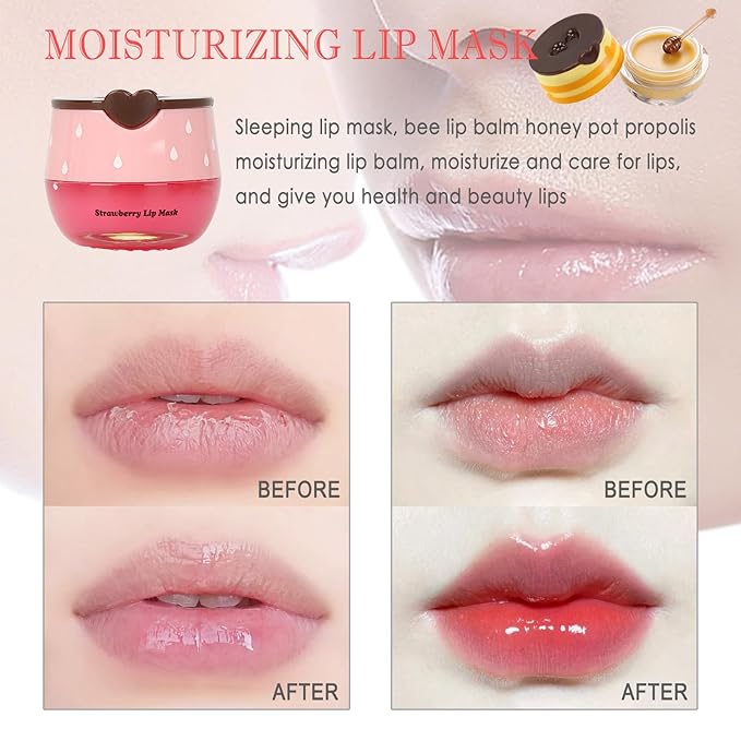 2 PCS Bee Lip Balm Lip Mask Honey Pot,Honey & Strawberry Lip Mask Propolis Moisturizing Lip Balm,Hydrating Prevention Dry & Cracked,Mothers Day Gifts,Teacher Appreciation Gifts,Easter Basket Stuffers