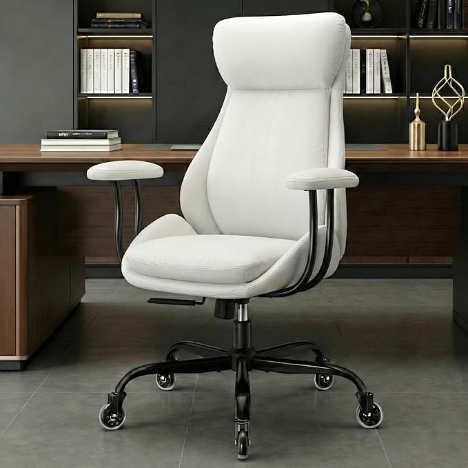 Office Chair, Leather Desk Chair with Rubber Wheels, Ergonomic Computer Chair 500 LBS with Lumbar Support, High Back Executive Chair for Modern Home Office, White