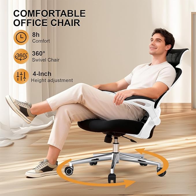 Office Chair, Ergonomic Breathable Mesh Chair,Flip-Up Arms and Adjustable High Back Lumbar Support,Comfy Computer Chair for Home Office (Black/White, 407)