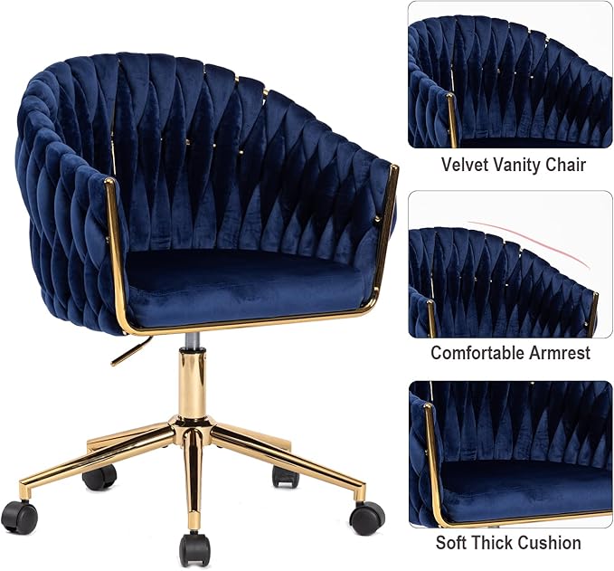Velvet Office Chair with Back, Vanity Chairs with Wheels, 360° Swivel Velvet Home Office Desk Chair, Accent Chair Makeup Vanity Chair for Bedroom, Living Room(Blue)
