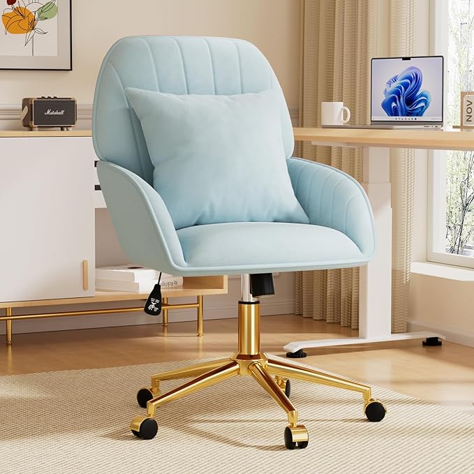 Home Office Desk Chair Comfy with Adjustable Swivel Wheels, Modern Velvet Makeup Vanity Chair with Back & Pillow, Ergonomic Office Chair Computer Task Chair for Living Room, Bedroom, Blue