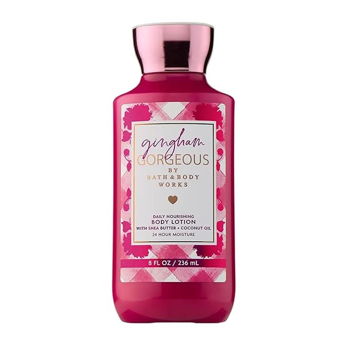 Bath & Body Works Gingham Gorgeous Body Lotion, Lightweight Daily Moisturizer with Shea Butter & Coconut Oil – Pink Strawberries, Peony Blooms, and Peach Nectar Scent, 8 fl oz - 1 Pack