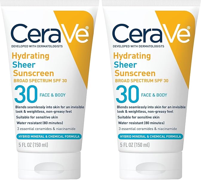 CeraVe Hydrating Sheer Sunscreen with SPF 30 for Face and Body,Mineral&Chemical Sunscreen for Men&Women with Zinc Oxide,Hyaluronic Acid and Ceramides,Paraben-Free + Fragrance-Free,5 Ounces,(Pack of 2)
