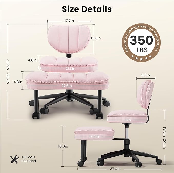 Cross Legged Office Chair, Ergonomic Cloud Criss Cross Desk Chair, Meditation Chair with Wheels, Height Adjustable Seat for ADHD, Wide Kneeling Chair with Back Support,Pink