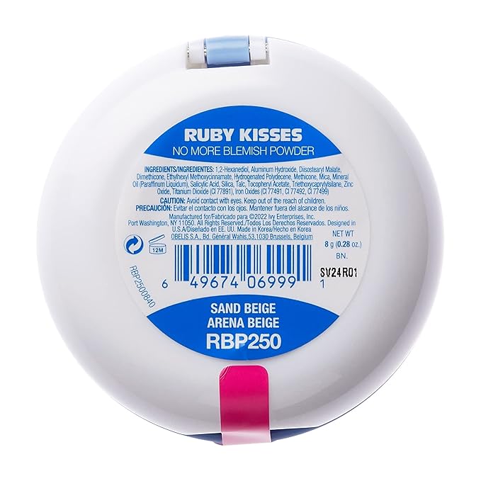 Ruby Kisses No More Blemish Face Powder with Salicylic Acid Korean Makeup Matte Finish Full Coverage Pressed Powder (Sand Beige)