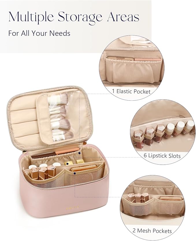 Prite Makeup Bag, Large Capacity Portable Travel Cosmetic Bag, Waterproof Makeup Organizer for Women with Handle and Divider (002 Pearl Pink)