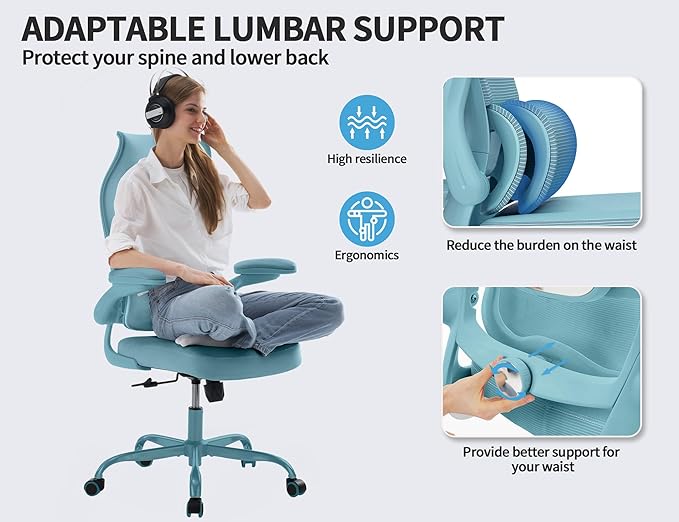 TRALT Ergonomic Office Chair - Desk Chair with Wave High Back Adjustable Lumbar Support Computer Chair - Gaming Chairs Mesh Backrest and PU Leather Seat (Blue Blue)