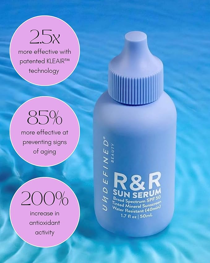 Undefined R&R Sun Serum SPF 50 PA++++ Mineral Sunscreen with Niacinamide, Water Resistant Broad Spectrum Protection & Blue Light Defense (Light Tint)