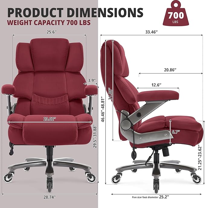 Fabric Big and Tall Office Chair 700lbs-High Back Executive Cloth Computer Chair with Adjustable Lumbar Support 3D Flip Arms Plus Size Rubber Wheels-Extra Wide Large Desk Chairs, Heavy Duty Metal Base