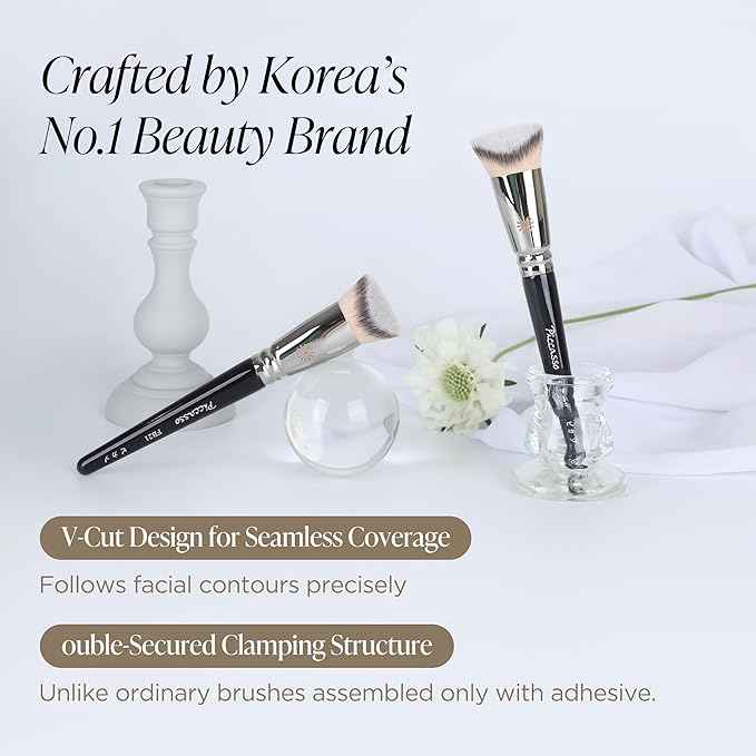 Piccasso FB21 Foundation Brush - Professional V-Cut Angled Makeup Brush for Liquid & Cream - Seamless Flawless Finish K-Beauty Face Brush - High Coverage, No Streaks, Durable Synthetic Hair