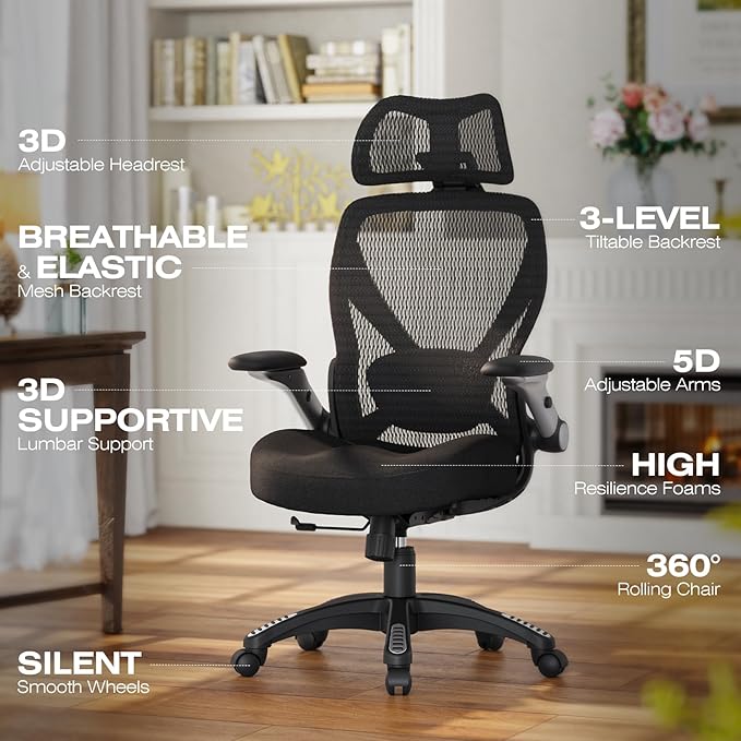 ELABEST X100 Ergonomic Mesh Office Chair, Big and Tall Hone Desk Chair with 5D Flip-Up Arms, Adjustable 3D Lumbar Support,Gaming & Executive Computer Chairs for Long Hours, Padded Seat