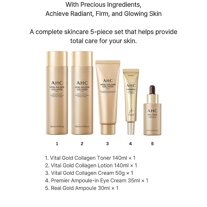 Vital Golden Collagen Skin Care Set - 5-Piece Travel Skincare Kit for Radiant Skin - Includes Toner, Lotion, Ampoule, Cream, Eye Cream - Deep Hydration & Synergy Effect - Ideal Gift Set for women