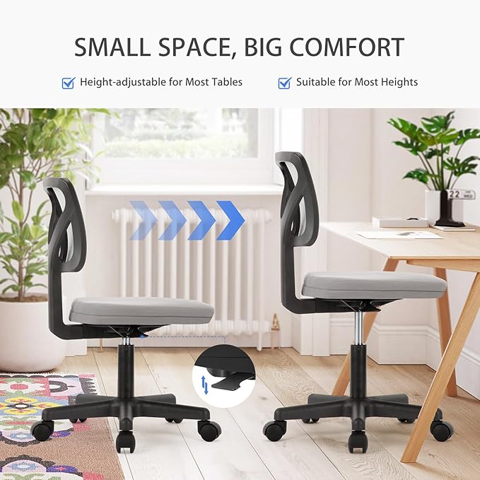 NEWBULIG Home Office Desk Chair, Armless Ergonomic Swivel Computer Chair with Wheels, Adjustable Height and Low-Back Mesh Design, Rolling Chair with Lumbar Support and Comfortable Seat, Grey