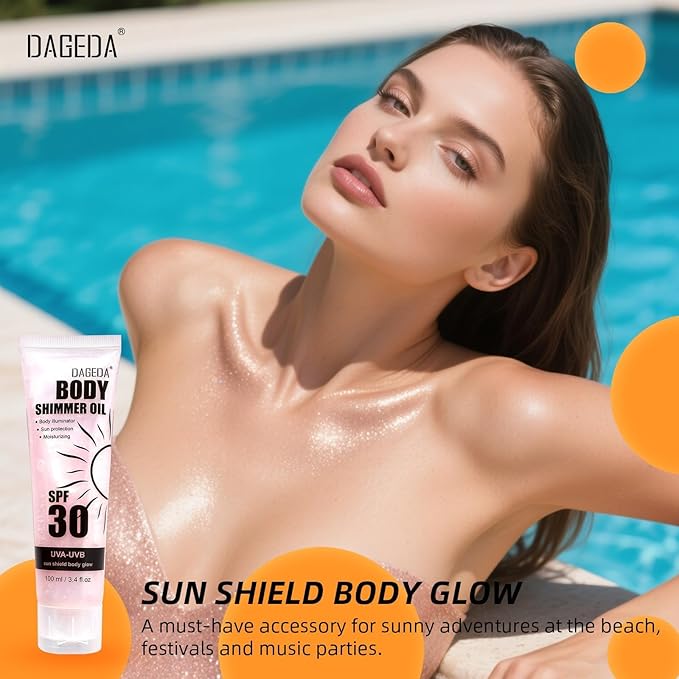 DAGEDA Body Glow Oil, SPF 30 Broad Spectrum Glitter Sunscreen, Lightweight, Non-sticky Sunscreen Body Shimmer, Sun Protection with Centella Asiatica Extract, UVA/UVB Protection, Rose 3.4 fl.oz