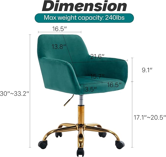 KCC Velvet Office Desk Chair, Comfy Swivel Modern Leisure Armchair with Wheels, Upholstered Comfy Velvet Fabric Makeup Chair Height Adjustable for Teens Women Girls Elegant Home Office, Green