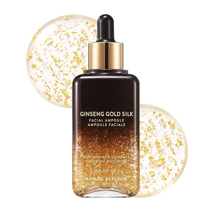 Nature Republic Ginseng Gold Silk Facial Ampoule, Hydrating Glow moisturizer for face, Niacinamide & Silk Amino Acid, Royal Jelly Extract, Korean Skin Care for All Skin Types 100 ml / 3.38 Fl. oz