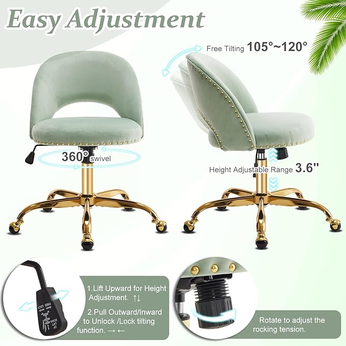 VINGLI Modern Velvet Small Office Chair,Cute Desk Chair with Wheels,Gold Base/Studs, Comfy Armless Swivel Vanity Task Chair for Women/Girl/Kids, Nail Tech Chair for Bedroom,Small Space,Mint Green