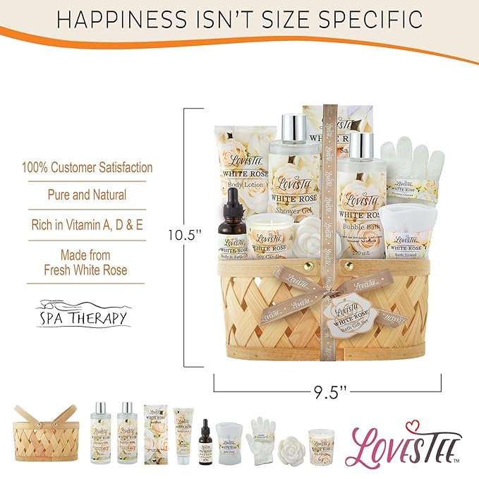 Christmas Gifts Bath & Body Spa Gift Basket for Women, Best Gift for Mother's Day & Birthday, White Rose Set Body Lotion, Shower Gel, Bubble Bath, Bath Salt, Towel, Soap, Oil, Candle, Gloves,