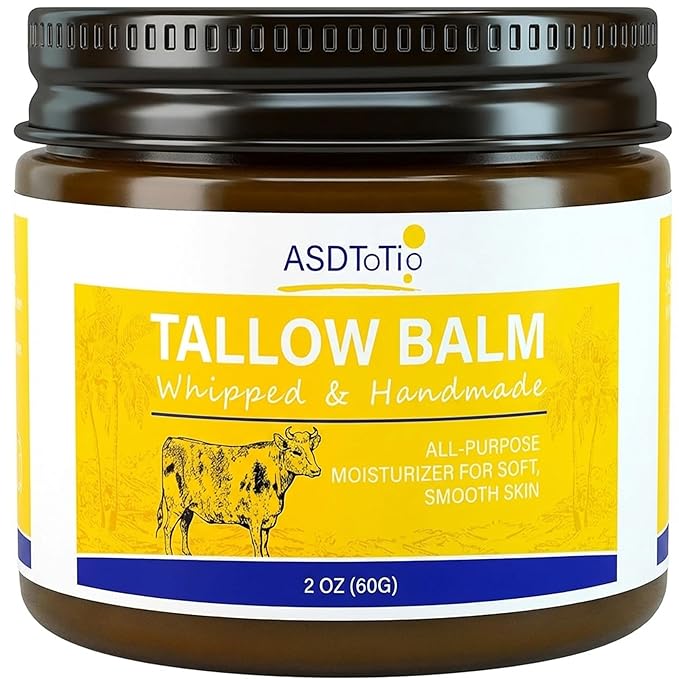 Handmade Grass Fed Beef Tallow Balm for Face and Skin- All Natural Moisturizer with Sweet Almond Oil, Non-Toxic Cream for Dry & Sensitive Skin, 2 oz