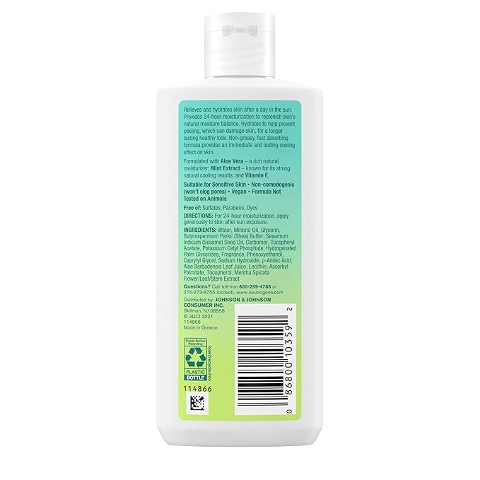 Neutrogena Sun Rescue After Sun Replenishing Lotion with Aloe Vera, Mint Extract, & Vitamin E, 24-Hour Moisture for Healthy Glow for Sensitive Skin, Vegan, Non-Comedogenic Lotion, 6.7 oz