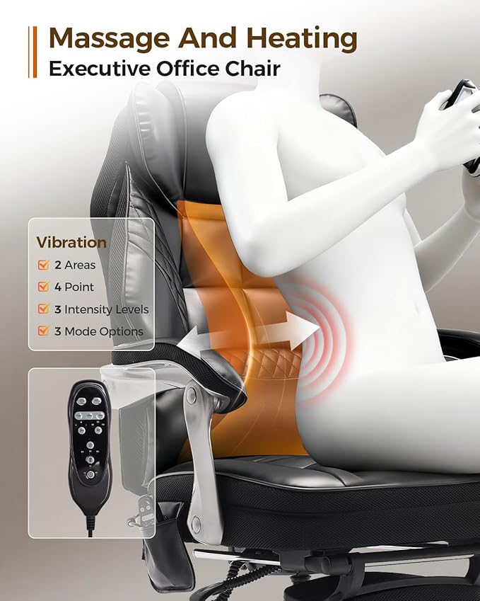 600LBS Big and Tall Office Chair with Massage and Heat, 23.5" Wide Leather Office Chair with Back Support, Ergonomic Comfort 140° Reclining Desk Chairs Managerial Chairs for Heavy People