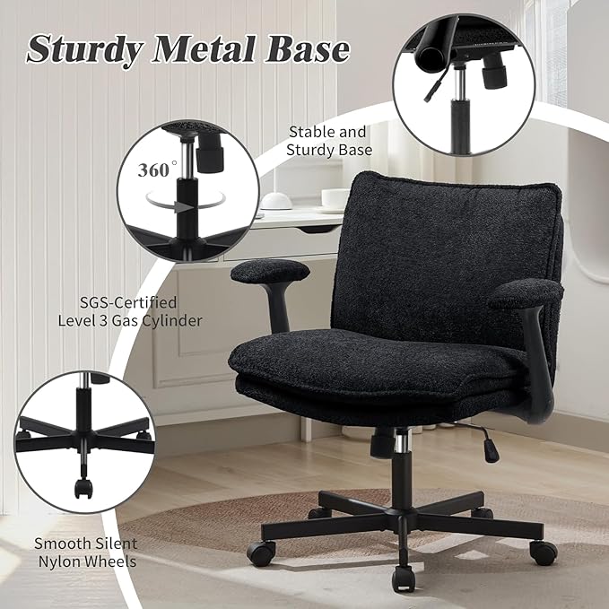 Criss Cross Legged Office Chair with Wheels and Flip-Up Arms, Upholstered Criss Cross Desk Chair, Wide Seat Chairs for Home Office, Vanity, Apartment, Black