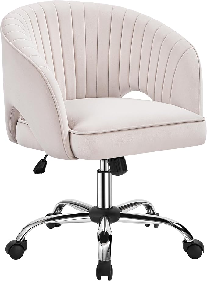 Yaheetech Cute Desk Chair Velvet Vanity Chair with Wheels Home Office Upholstered Modern Swivel Armchair with Tufted Barrel Back for Study, Vanity, Bedroom Cream