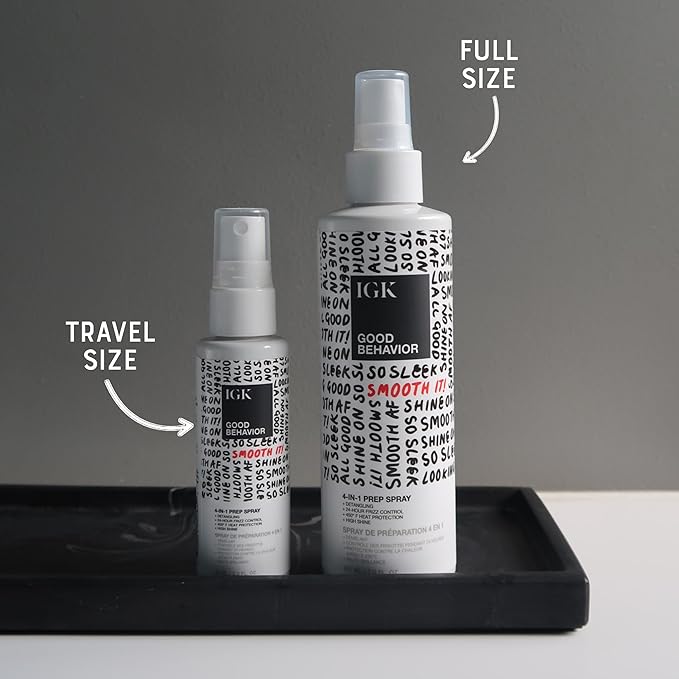 IGK GOOD BEHAVIOR 4-in-1 Prep Spray | Full + Travel Size | Gently Detangles, Controls Frizz for 24 Hours, Heat Protection & Shine | Weightless Formula for Smooth Hair